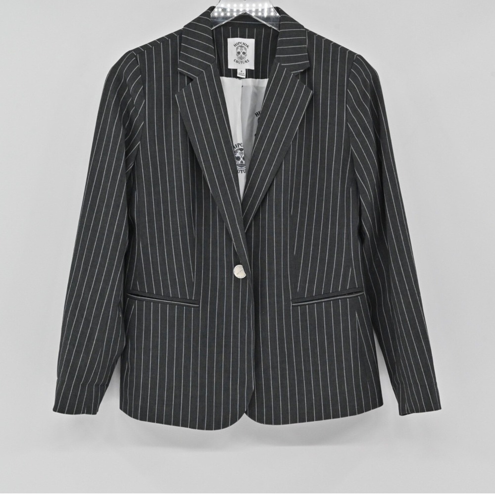 Hipchik Couture Pinstripe Butterfly‎ Blazer Womens Size 8 Grey Rhinestone Skulls